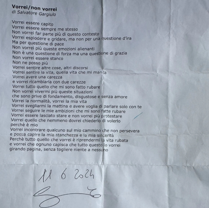 Poetry by Salvatore Gargiulo, written in the Poggioreale Prison (Na) in June 2024